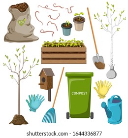 icono de herramientas de jardín vectorial aislado en fondo blanco. recolección de objetos de jardín para trabajos de temporada de primavera o verano como plantaciones de árboles y plantas, limpieza de patio trasero, compostaje, jardinería orgánica.