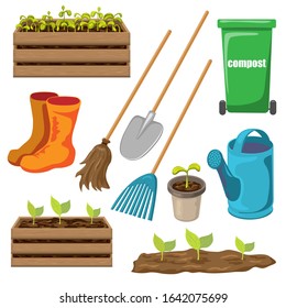 vector garden tools set isolated on white background. gardening icon for Spring or summer design. realistic cartoon style. shovel, rake, watering can, compost container for seasonal work in garden