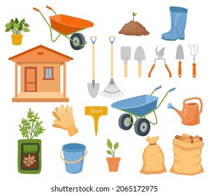 Vector garden tools set isolated on white background. Gardening elements in flat cartoon style - shovel, rake, watering can, pail, shed, soil, boots, bag of potatoes