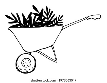 Vector garden wheelbarrow with foliage. hand-drawn doodle style, black line garden equipment insulated wheelbarrow with foliage, organic farming resin for logo design template, labels, packaging