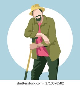 Vector jardinero con barba y sombrero. Hombres con pantalones verde sobre fondo azul