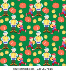 Vector - gardener with grandson harvest pumpkins seamless pattern.