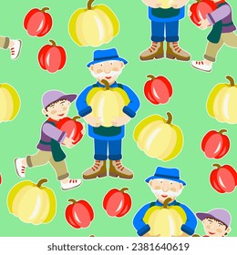 Vector - gardener with grandson harvest pumpkins seamless pattern.