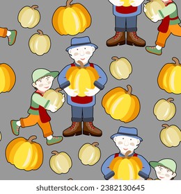 Vector - gardener with grandson harvest pumpkins seamless pattern.