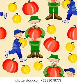 Vector - gardener with grandson harvest pumpkins seamless pattern.