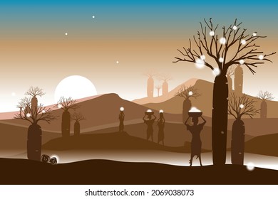vector gardener harvesting light onthe tree on sunset background