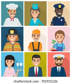 Vector of gardener with plant, manager and lifesaver, smiling stewardess, waiter with tray, whiskered builder, bearded mariner, cook and policeman