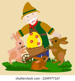 Vector - gardener with wheelbarrow, three bunnies and an easteregg.