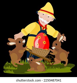Vector - gardener with wheelbarrow, three bunnies and an easteregg.