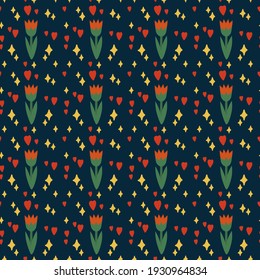 Vector gardening background. Red flowers for the garden in the circle of hearts and stars. Beautiful dark pattern for gardener's textiles. Vector illustration