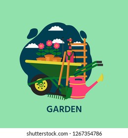 Vector gardening banner with wheelbarrow, tools, flowers, watering can and stairs. Vector illustration for design garden center. 