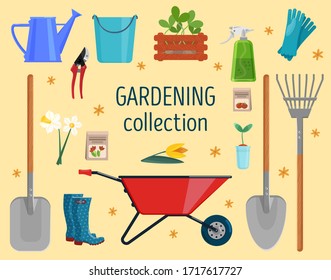 Colección de jardinería vectorial. Herramientas de jardín. Ilustración plana. 