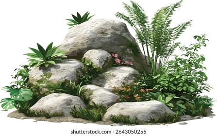 Vector gardening design, rock plants, tropics plants, cutout, garden decor, tropical landscaping, green plants, outdoor, natural elements, exotic plants, backyard design