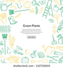 Vector gardening doodle icons background with place for text illustration