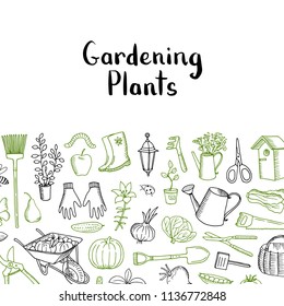 Vector gardening doodle icons background with place for text illustration