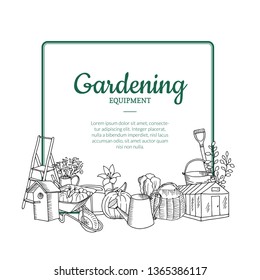 Vector gardening doodle icons below frame with place for text illustration. Gardening equipment, wheelbarrow and tool
