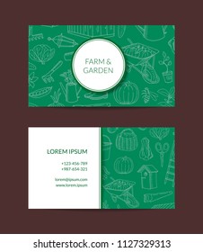 Vector gardening doodle icons business card template for for farm and garden tools shop illustration