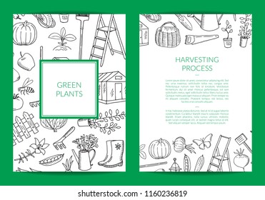 Vector gardening doodle icons card of set , flyer or brochure banner template illustration