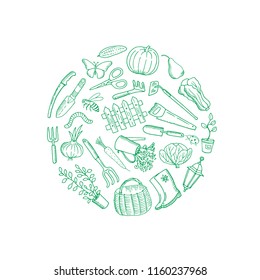 Vector gardening doodle icons in round illustration isolated on white background