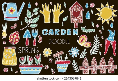 Vector gardening doodle set. Cartoon hand drawn isolated design horticulture elements. Spring set for gardening and floriculture. Sketch of a nerd hobby icon