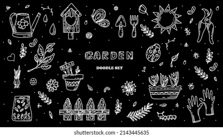 Juego de doodles para jardinería vectorial. Dibujo a mano de elementos de horticultura de diseño aislados. Jornadas de primavera para la jardinería y la floricultura. Esbozo de un icono de hobby de nerd