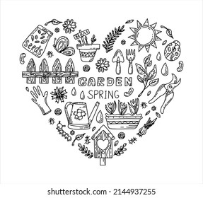 Vector gardening doodle set. Cartoon hand drawn isolated design horticulture elements. Spring set for gardening and floriculture. Sketch of a nerd hobby icon