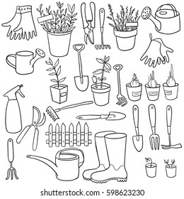 Vector Gardening Doodle Set, Hand Drawn Isolated Design Horticulture Elements