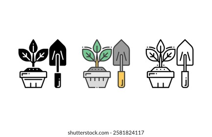 Vector gardening icon featuring a garden trowel and a pot with a young plant, symbolizing the hobby of gardening and plant care. Outline, Glyph and Filled Outline Style