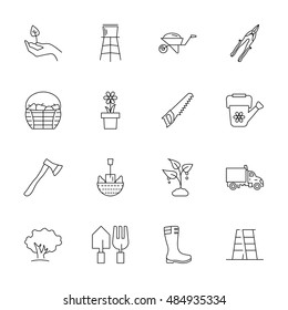 Vector gardening icon set on white backgroudn, thin line