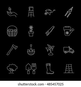 Vector gardening icon set on black backgroudn, thin line