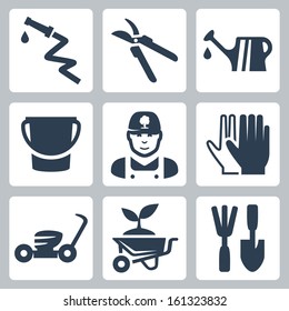 Vector gardening icons set: hose, pruner, watering can, bucket, gardener, gloves, lawn mower, wheelbarrow and plant, ripper and spatula