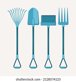 Vector  gardening illustration the large gardening tools -  spading fork,  rakes,  hovel,  outdoor  broom.  Elements for poster, scrapbooking, stickers set, greeting card, party invitations, tags.