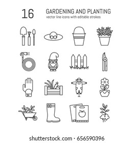 Vector gardening and planting icon set in trendy linear style.Garden equipment signs with editable strokes