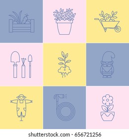 Vector gardening and planting icon set in trendy linear style.Garden equipment signs. Editable strokes