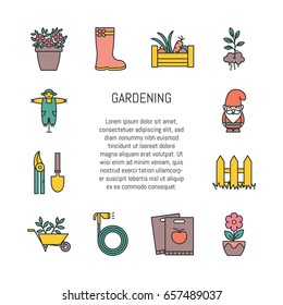 Vector gardening and planting icon set in trendy linear style.Garden equipment signs with editable strokes