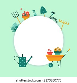 Vector gardening poster with tools, flowers, gardening can and watering can. Round frame illustration.