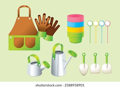 Vector gardening tools, apron, gloves, flower tray, label, watering can, hand shovel