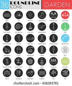 Vector Gardening tools circle white black icon set. Modern line black icon design for web