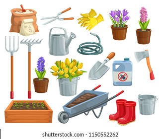 Vector gardening tools and flowers icons. Rubber boots, seedling, tulips, gardening can and cutter. Fertilizer, glove, crocus, insecticide, wheelbarrow, watering hose for garden center design