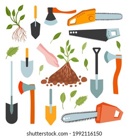 Vector gardening tools set. Flat horticultural spring set. Shovel, axe, plant, chainsaw.