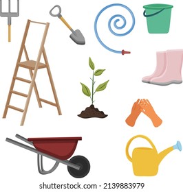 Vector gardening tools set. vector objects for the garden.  Set of icons for Stories. Harvest