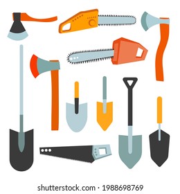 Vector gardening tools set. Shovels, axes, chain saw, electric saw. Big utensils elements for gardening set.