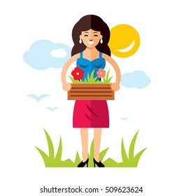 Vector Gardening Woman with flowers. Flat style colorful Cartoon illustration.