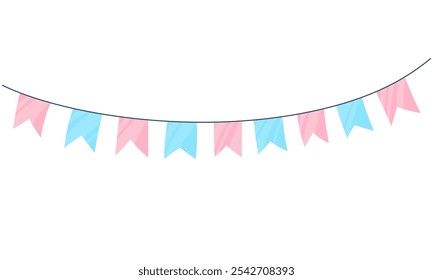 Vector garland with flags of pink and blue colors for a gender party, baby's birthday, isolated on a white background. Celebrating a child's birthday, finding out the gender of the unborn baby.