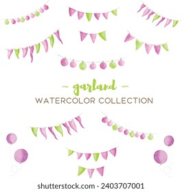 Vector garland y banderas diseños rosados en varios estilos de acuarela para diseños gráficos y tarjetas