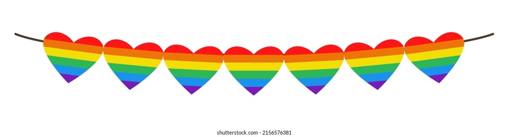 Vector garland of heart shaped flags. Colorful rainbow bunting. Pride month. LGBTQ Plus.