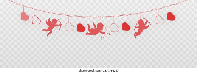 Vector garland of hearts. Hearts for Valentine's Day. Garland png, hearts png. Garland of love on an isolated transparent background.