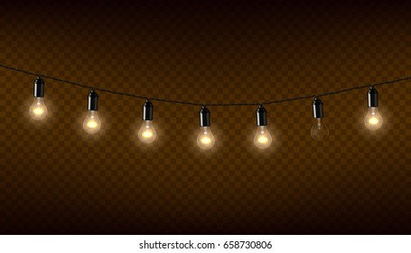Vector garland of lamps on brown transparent background.