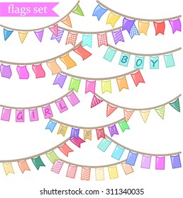 Vector garland set isolated on white background. Colorful design for banners, postcards and booklets. Party, baby room and wedding decor elements with patterns polka dots and stripes.