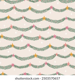 Vector garland and stars seamless pattern. Festive repeat background with decorative elements for celebrating the new year, Christmas, birthday and other holiday.  